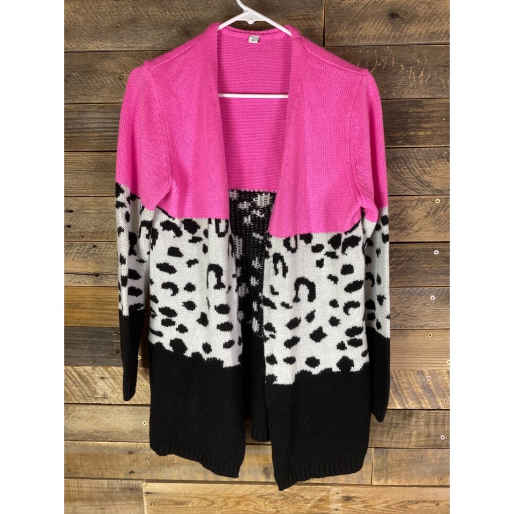 Women's Pink Black White L Cardigan Sweater Open Front Zebra Print Colorblock